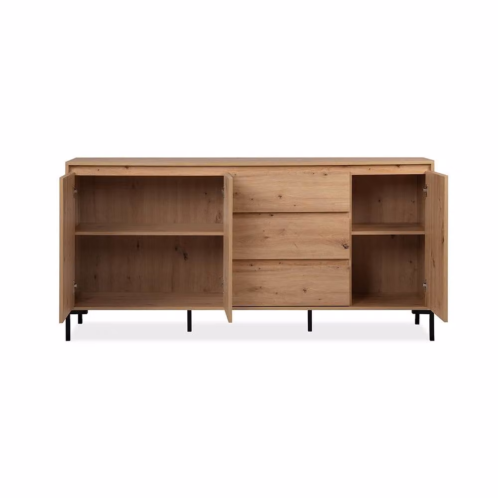 CALICOSY PLOCK Modern Sideboard with 3 Doors, 3 Drawers and 2 Shelves in Light Brown Oak Finish – 3
