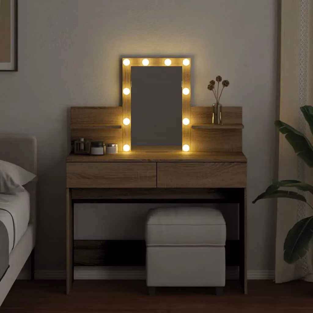 Berkfield Home Modern Dressing Table with LED Hollywood Mirror in Sonoma Oak Brown, W: 100 cm, D: 40 cm, H: 130 cm – 3