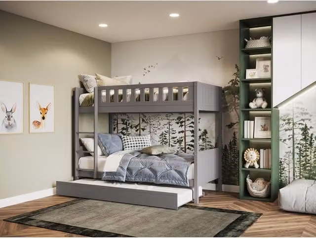 Flair Furnishings Bea Single Wooden Bunk Bed with Trundle in Grey