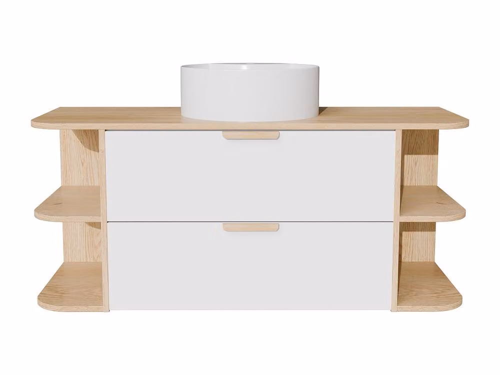 Vente-unique Avoreli Wall Mounted Bathroom Vanity Unit with Round Countertop Basin and Niches in White and Light Oak, L 120 cm – 2