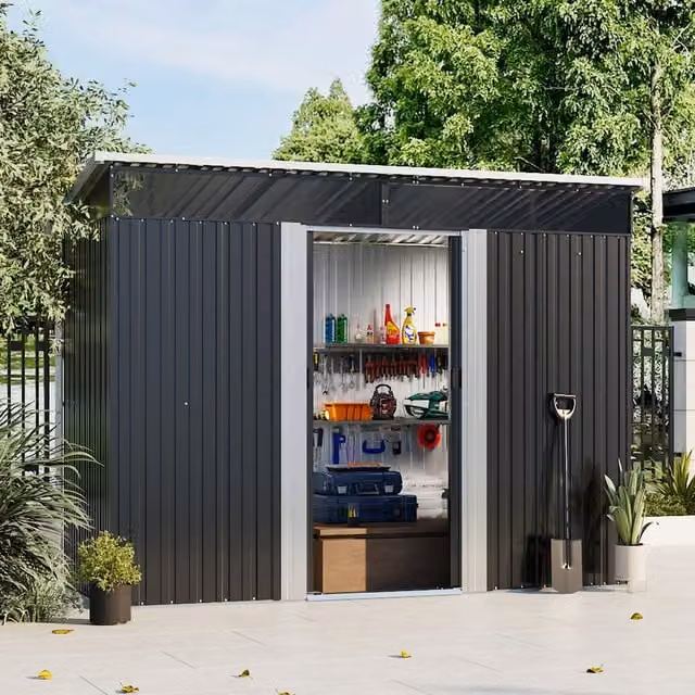 Breeins Metal Pent Garden Storage Shed with Lockable Sliding Doors in Anthracite Black
