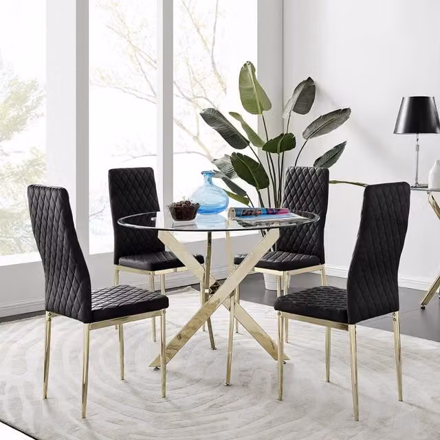 FurnitureboxUK Novara 100cm Gold Round Glass Dining Table and 4 Black Velvet Milan Chairs