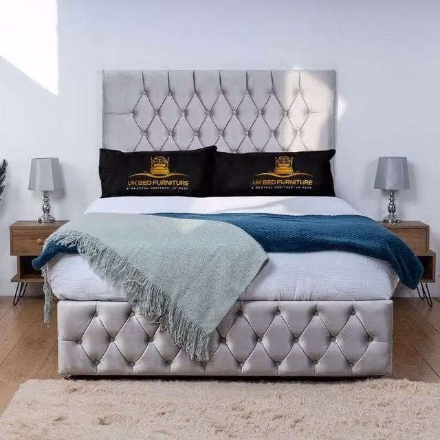UK Bed Furniture Monaco Divan Bed Base with 26 Inch Headboard in Silver Velvet, Small Double, W/D/H: 120 x 200 cm