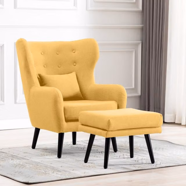 More4Homes Winslow Wing Back Velvet Accent Chair with Ottoman in Yellow