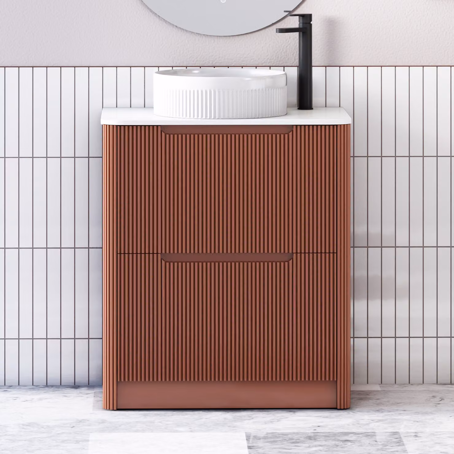 Royal Bathrooms Avenza 600mm Terracotta Clay Floor Standing Vanity Unit with 2 Drawers, White Worktop and Round Basin