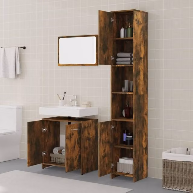 Berkfield Home 3 Piece Bathroom Furniture Set in Smoked Oak Brown, including Mirror Cabinet, Tall Cabinet and Vanity Unit – 1