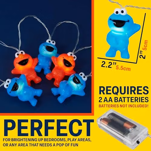 Get Trend Sesame Street 3D LED String Lights with Cookie Monster and Elmo, Battery-Operated Warm White Fairy Lights, Length: 165 cm – 3