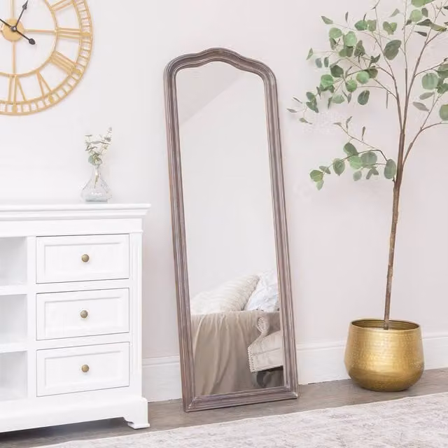 Melody Maison Slim Arched Washed Wooden Framed Leaner Mirror in Brown, W: 50 cm, H: 140 cm