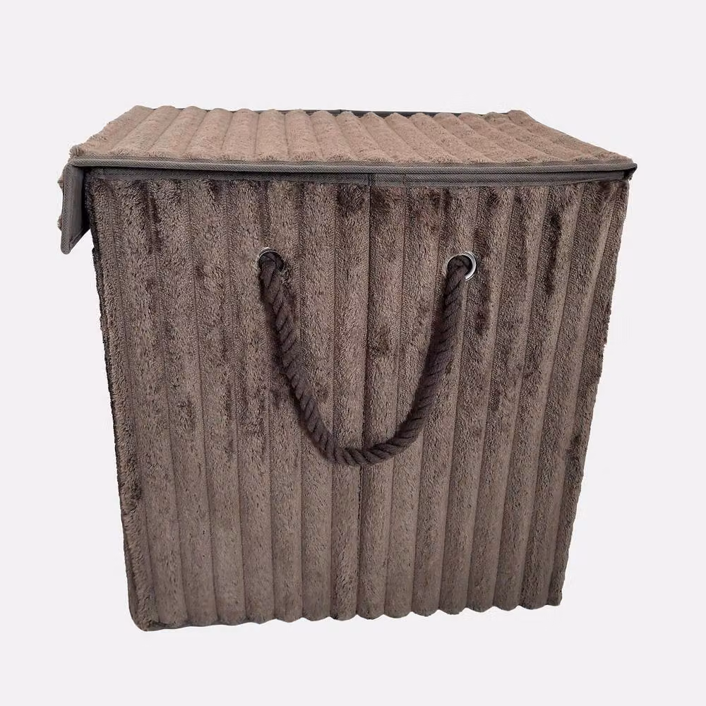 OHS Ribbed Faux Fur Folding Laundry Basket with Lid and Handles in Brown – 2