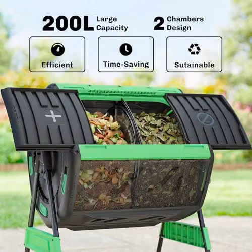 Outsunny Dual Chamber 200L Garden Compost Bin Green and Black BPA Free Outdoor Tumbler – 3