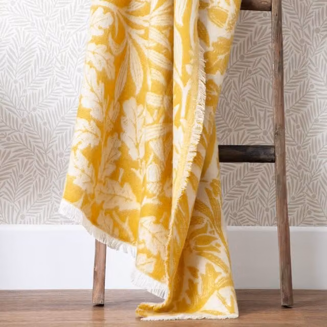Morris & Co. Gold Faux Mohair Jacquard Throw with Fringes, W/D: 130 x 170 cm