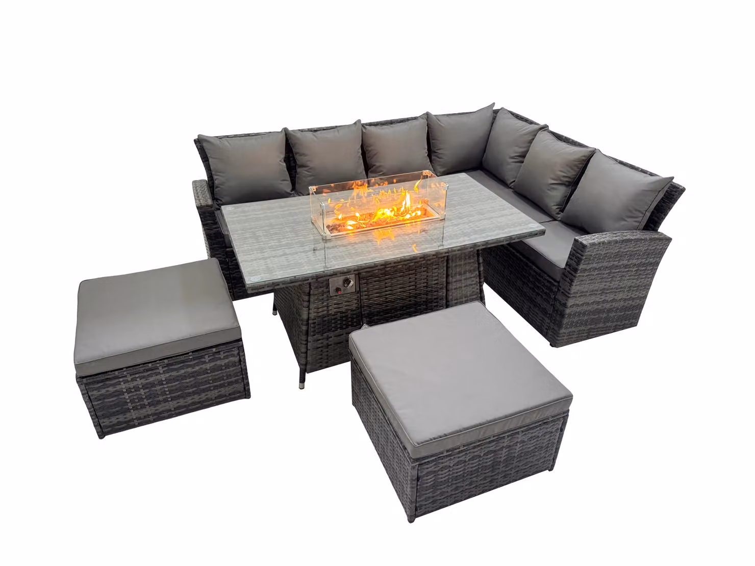 Fimous Rattan Corner Sofa Set with Gas Fire Pit Table and 2 Ottomans in Dark Grey – 2
