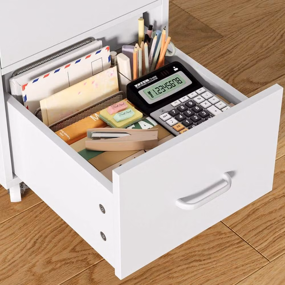 KORVIXA White Mobile Office Filing Cabinet with Lock and Castors, W/D/H: 100 x 100 x 65 cm – 2