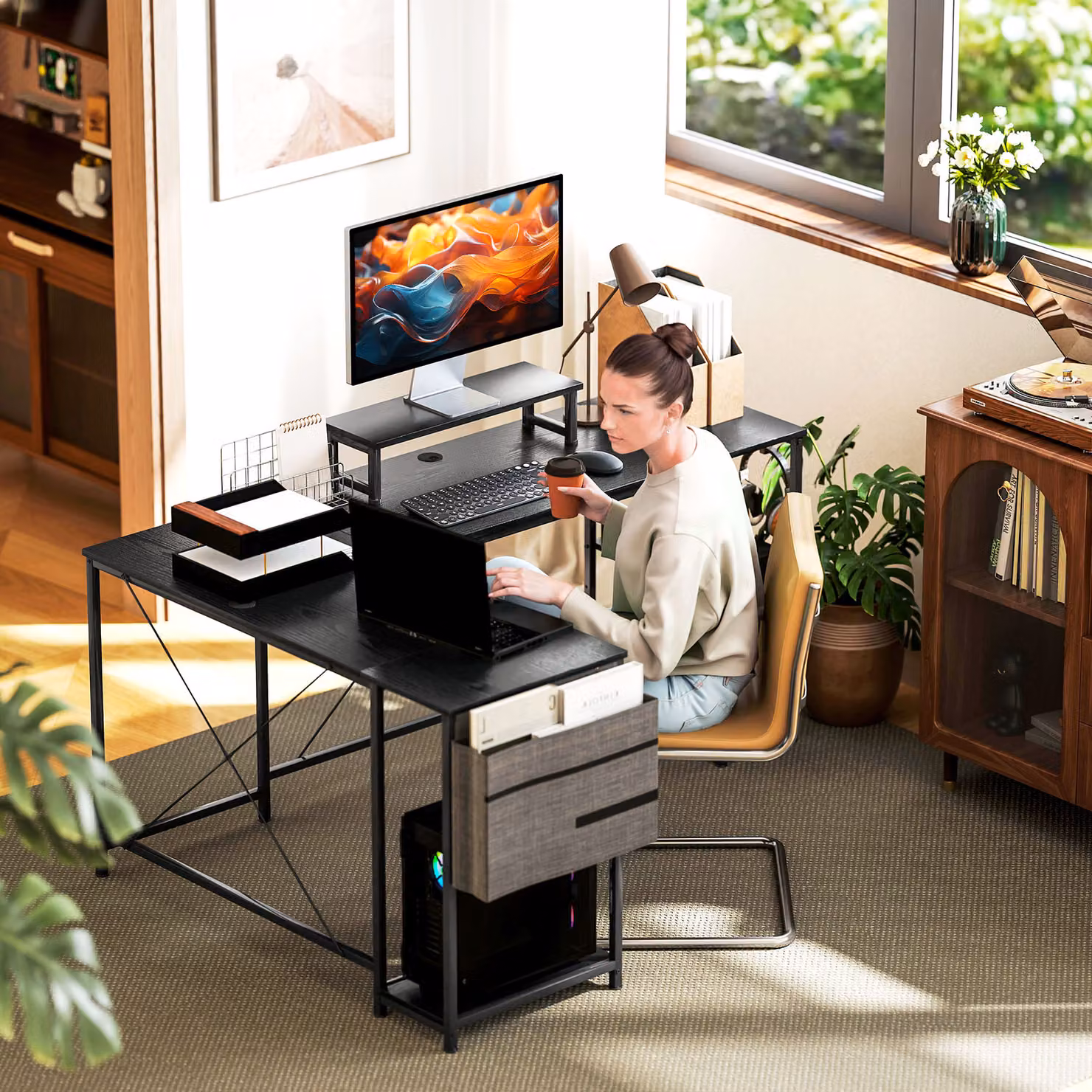HOMCOM Black Reversible L Shaped Industrial Corner Computer Desk with Adjustable Shelf, Monitor Stand and Storage Bag, 168 cm – 7