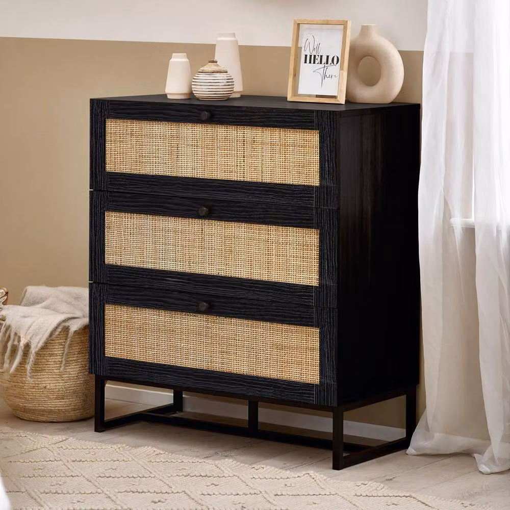 Cheshire Premium Trelawny 3 Drawer Chest in Black with Rattan Details – 3