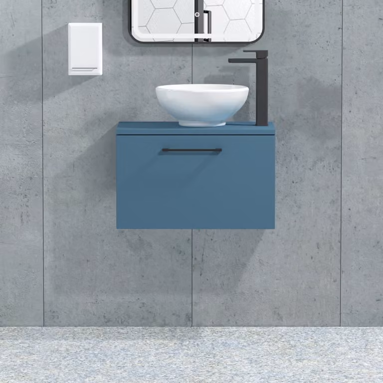 Royal Bathrooms Modena 800mm Wall Hung Vanity Unit with 1 Drawer and Countertop Basin in Satin Blue with Matt Black Handle