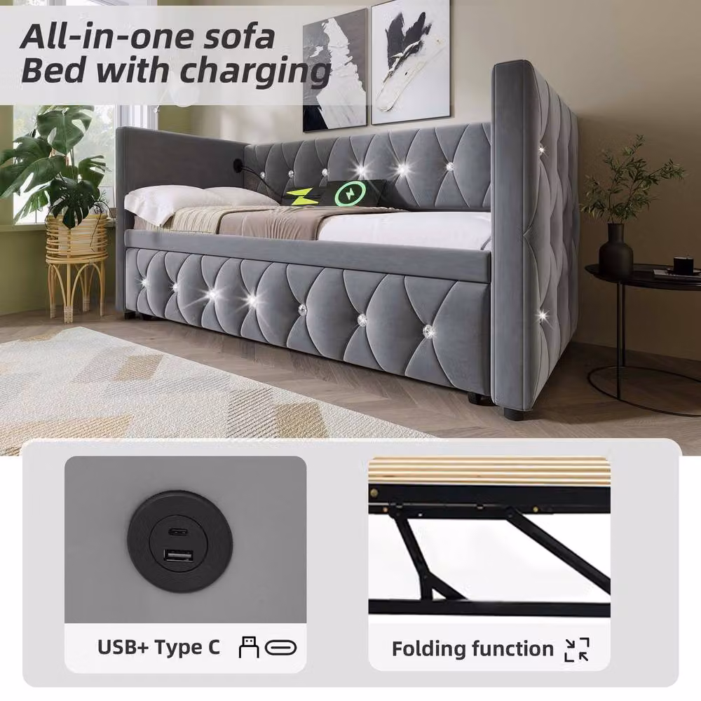 Rolipo Grey Velvet Single Daybed with USB Charging Station and Trundle, W/D/H: 200 x 90 x 76 cm – 3