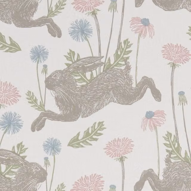 Clarke & Clarke March Hare Floral Cotton Fabric in Beige, Pink and Multicolour