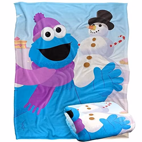 LOGOVISION Sesame Street Furry Friends Forever Cookie Monster Snowman White Silky Touch Super Soft Fleece Blanket for Children, W: 152 cm, D: 127 cm