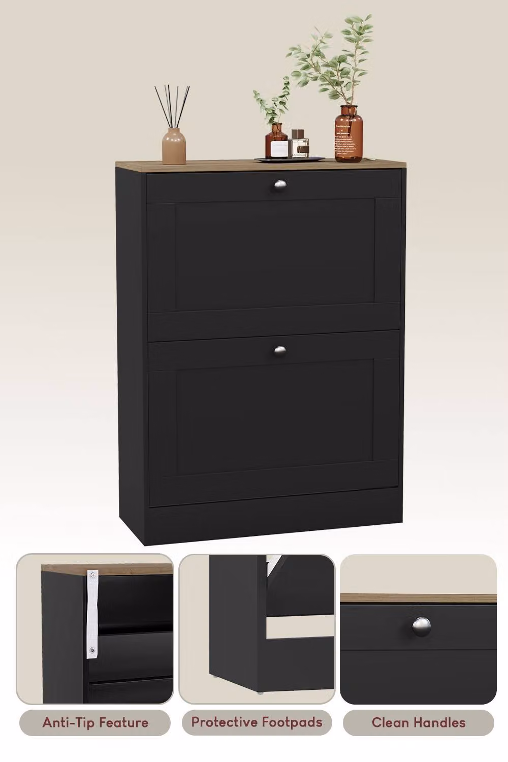 Vida Designs Modern Black 2 Drawer Shoe Cabinet with Tilting Compartments – 5