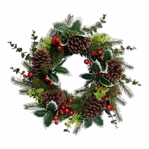 The Christmas Workshop Round Artificial Christmas Wreath with Red Baubles, Holly, Eucalyptus and Snowberries, Diameter: 45 cm – 1