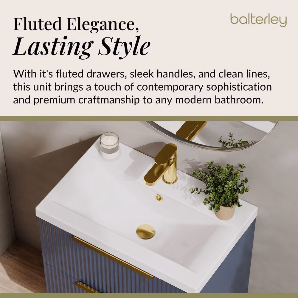 Balterley Fluted Front Wall Hung 2 Drawer Vanity Basin Unit, Satin Blue, Width: 60 cm – 3