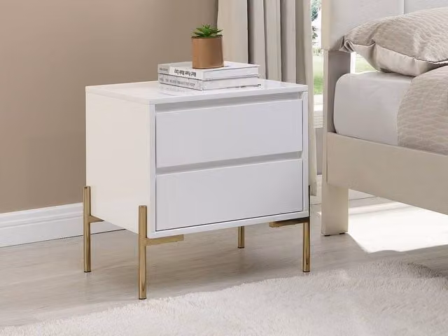 Vente-unique 2-Drawer Bedside Table in Lacquered White and Gold, MDF and Metal