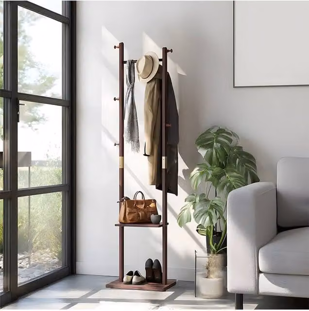Living and Home Freestanding Wooden Clothes Rack with Dual Hook and Rail Matrix in Walnut Brown