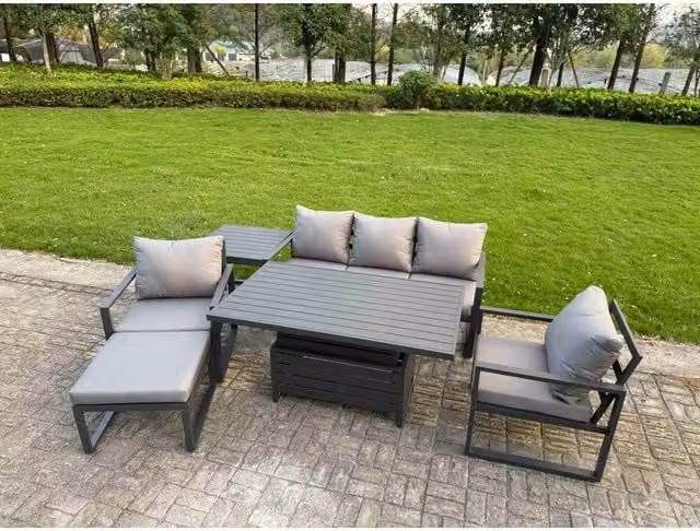 Fimous 6-Seater Powder Coated Aluminium Garden Sofa Set in Matt Dark Grey with Height Adjustable Lifting Table – 1