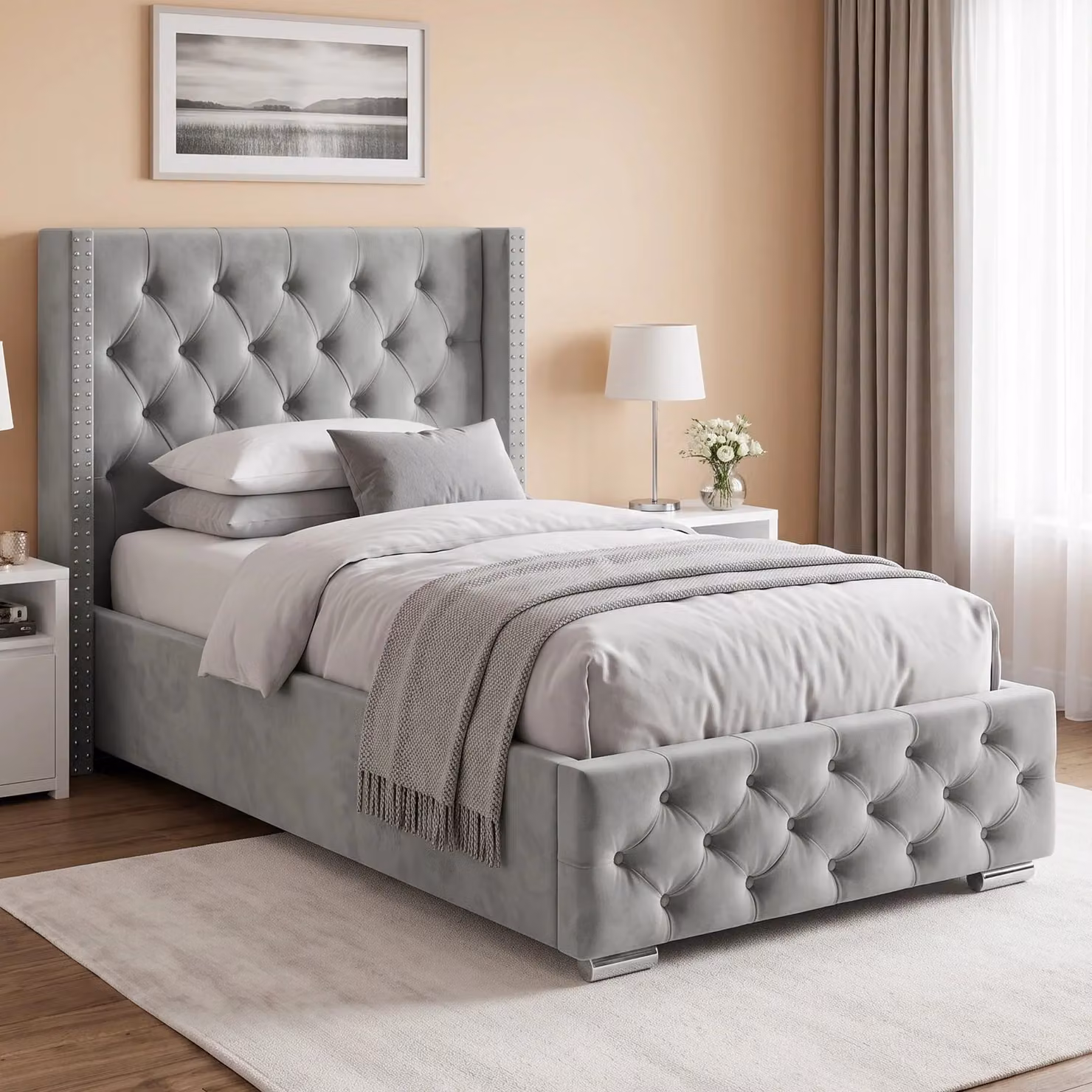 DHS Cross Pattern Velvet Winged Ottoman Storage Bed, Single (3ft), Light Grey