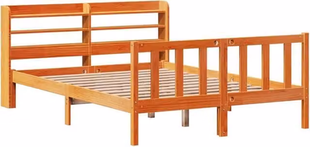 Berkfield Home Beautiful Double Bed Frame in Waxed Brown Solid Pine with Headboard and Side Compartments, W/D/H: 145 x 140 x 208 cm – 1