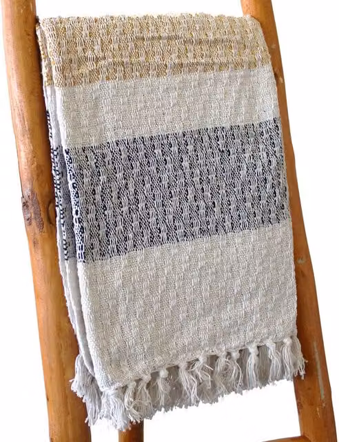 Boho Comfort Mellow Mattala Striped Cotton Throw Blanket with Fringes, Multicolour (Beige, Gold, Grey) W/D/H: 150 x 125 x 125 cm