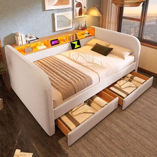 Merax Single Upholstered Daybed in Beige with 2 Drawers, LED Lighting and USB Charging Ports, W/D/H: 90 x 190 x 90 cm – 1
