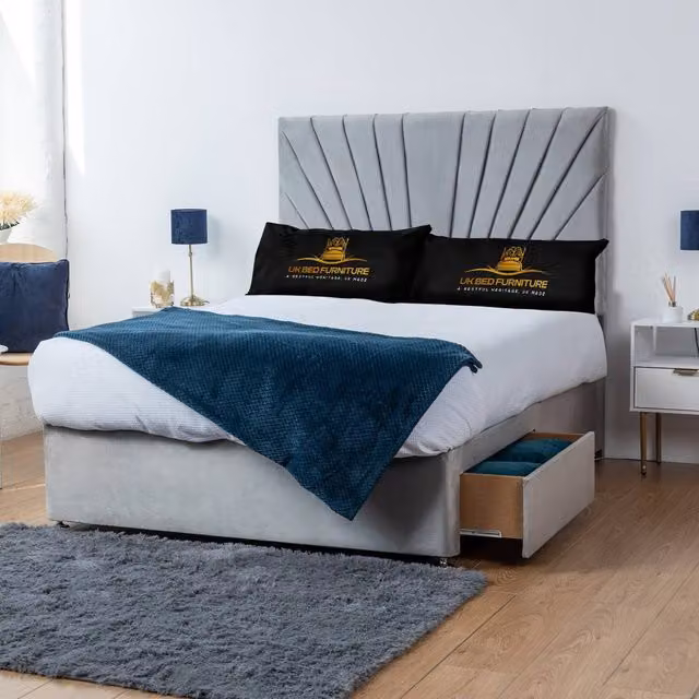 UK Bed Furniture Sunrise Divan Bed with 2 Drawers Same Side and 26 Inch Headboard in Silver, Double, W/D: 140 x 200 cm