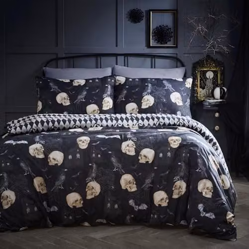 Fusion Gothic Skulls Halloween Duvet Cover Set in Grey and Black, Includes 2 Pillowcases, W/D/H: 200 x 200 cm