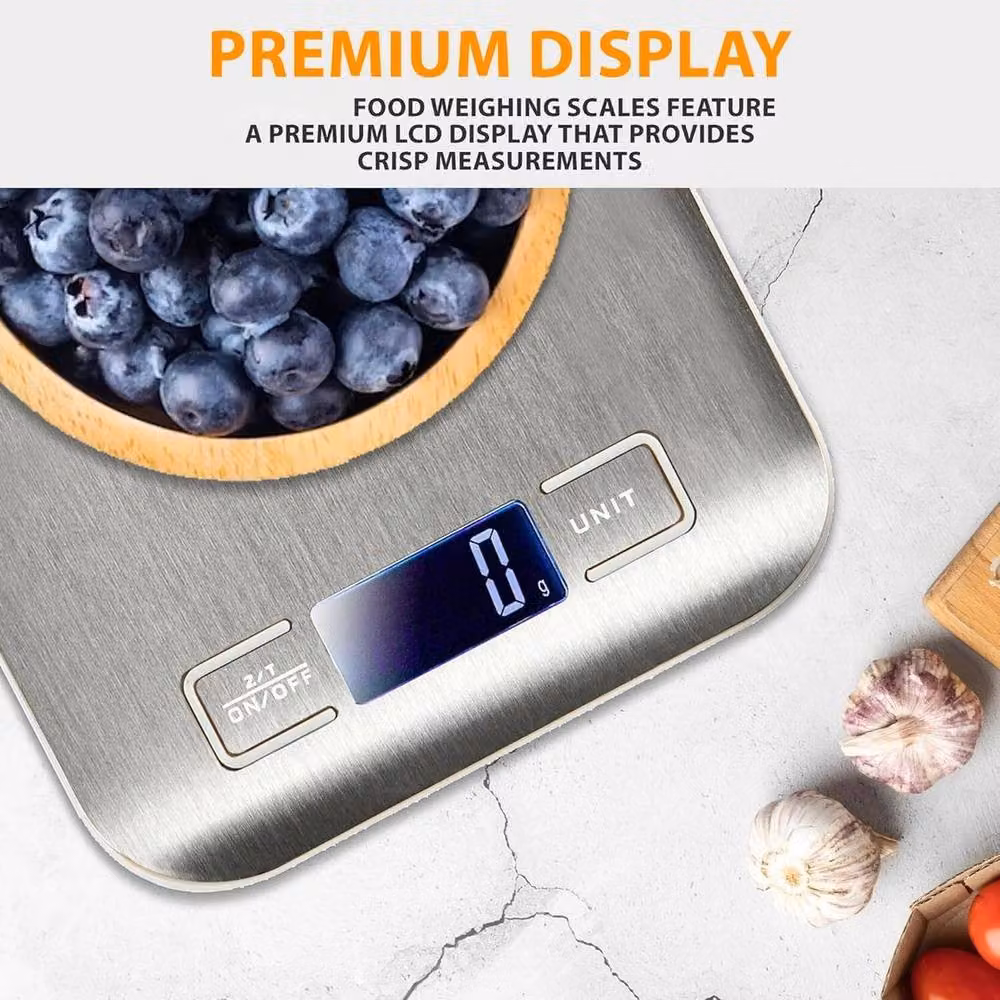 FLAVORA Digital LCD Electronic Kitchen Scale in Silver with Stainless Steel Finish, 1g-5kg Capacity – 4