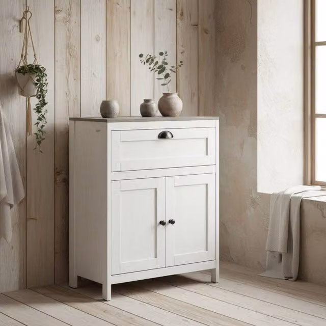 Wyld Haus Sunoli Antique White and Grey Bathroom Cabinet with Double Doors, Internal Drawers and Shelves – 1