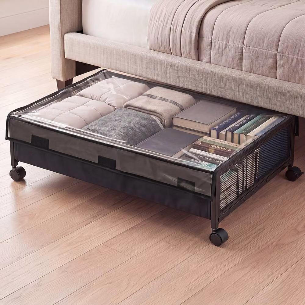 Levede Under Bed Storage Box with Lid, 48L Black Metal Frame and Fabric Design on Wheels – 2