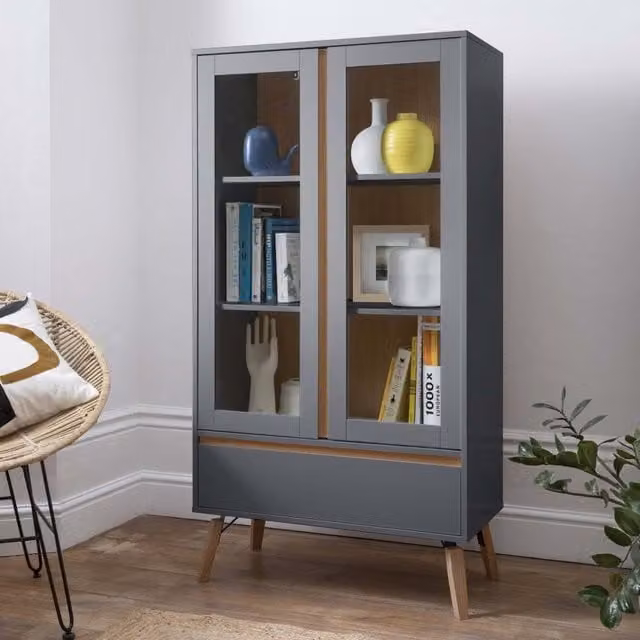 Otto Modern Display Cabinet Dresser in Grey and Natural Pine with Glass Doors and Internal Shelves