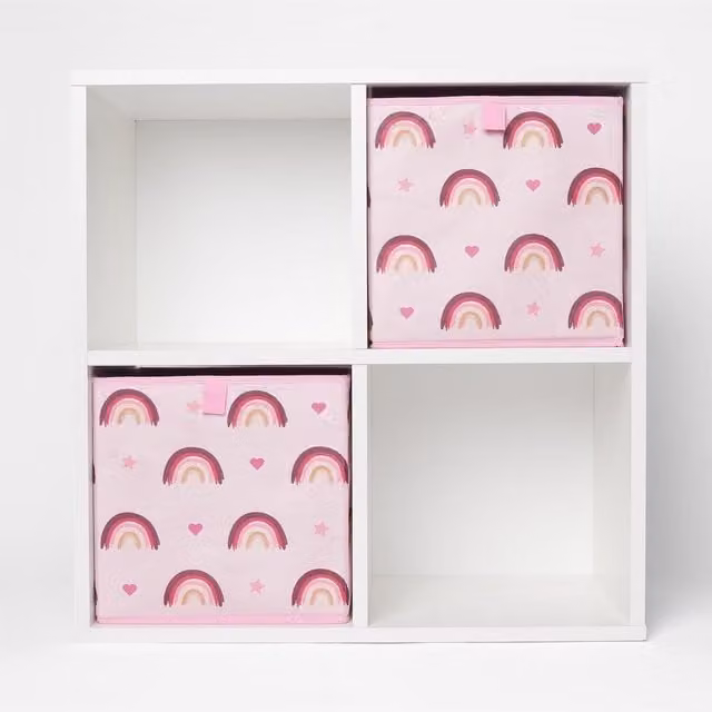OHS Pack of 4 Foldable Rainbow Storage Boxes in Pink Fabric and Wood