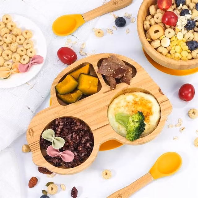 PAWNORA Bamboo Baby Plate, Bowl and Spoon Set in Yellow