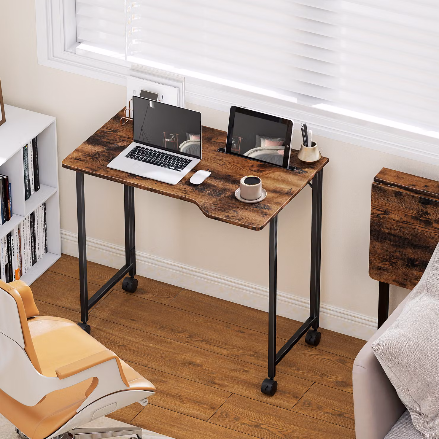 HOMCOM Folding Small Writing Desk with Castors in Rustic Brown – 2