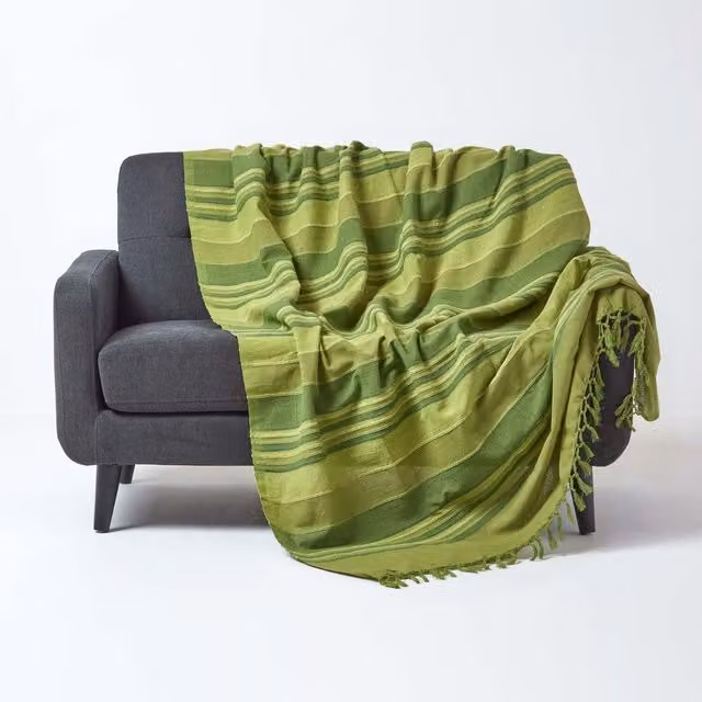 Homescapes Green Moroccan Striped Woven Cotton Throw, W/D/H: 225 x 255 cm – 1