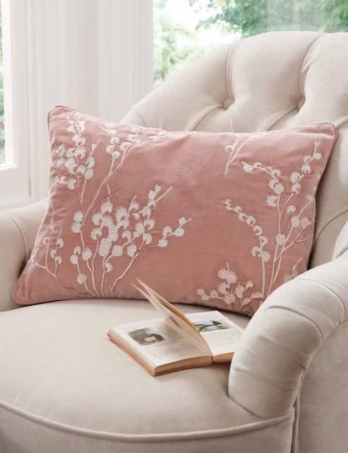 Laura Ashley Pussy Willow Embroidered Cotton Cushion in Light Pink Mix