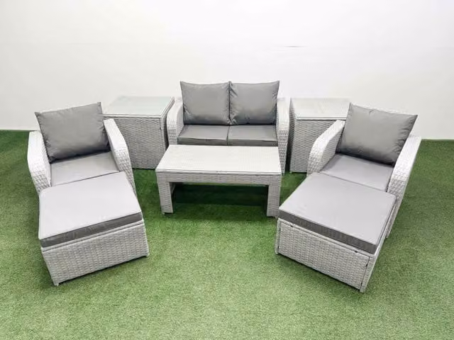 Fimous 6 Seater Light Grey PE Wicker Rattan Garden Furniture Set with Reclining Adjustable Chairs, Oblong Coffee Table, 2 Ottomans and 2 Side Tables