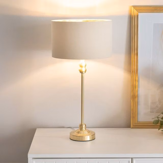 ValueLights Maggie Candlestick Table Lamp in Black and Gold with Fabric Shade and Warm White Bulb