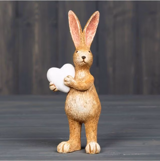 KDMD Natural Brown Ceramic Standing Rabbit Ornament holding a White Heart