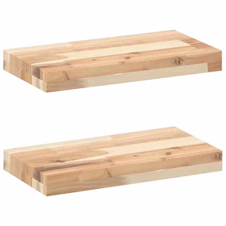 Berkfield Home Set of 2 Floating Shelves in Brown Untreated Solid Acacia Wood, W: 60 cm, D: 20 cm, H: 4 cm