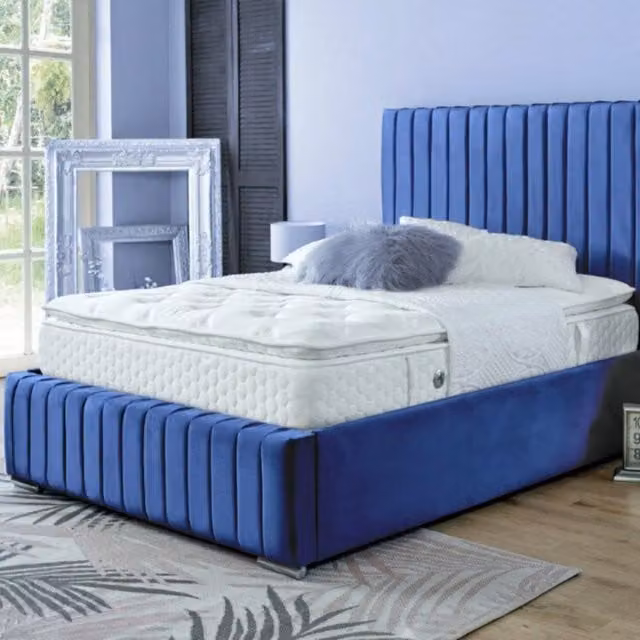 DS Living Savoy Panel Line Design Upholstered Soft Velvet Bed in Blue, Superking, W/D/H: 200 x 200 x 183 cm