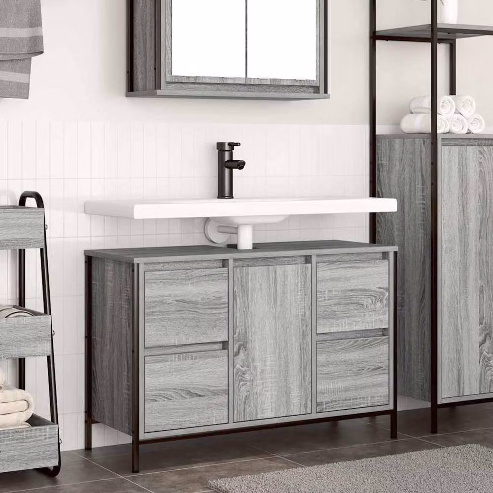 Berkfield Home Basin Cabinet with Drawers, Grey Sonoma, W: 90 cm, D: 34.5 cm, H: 60 cm – 2